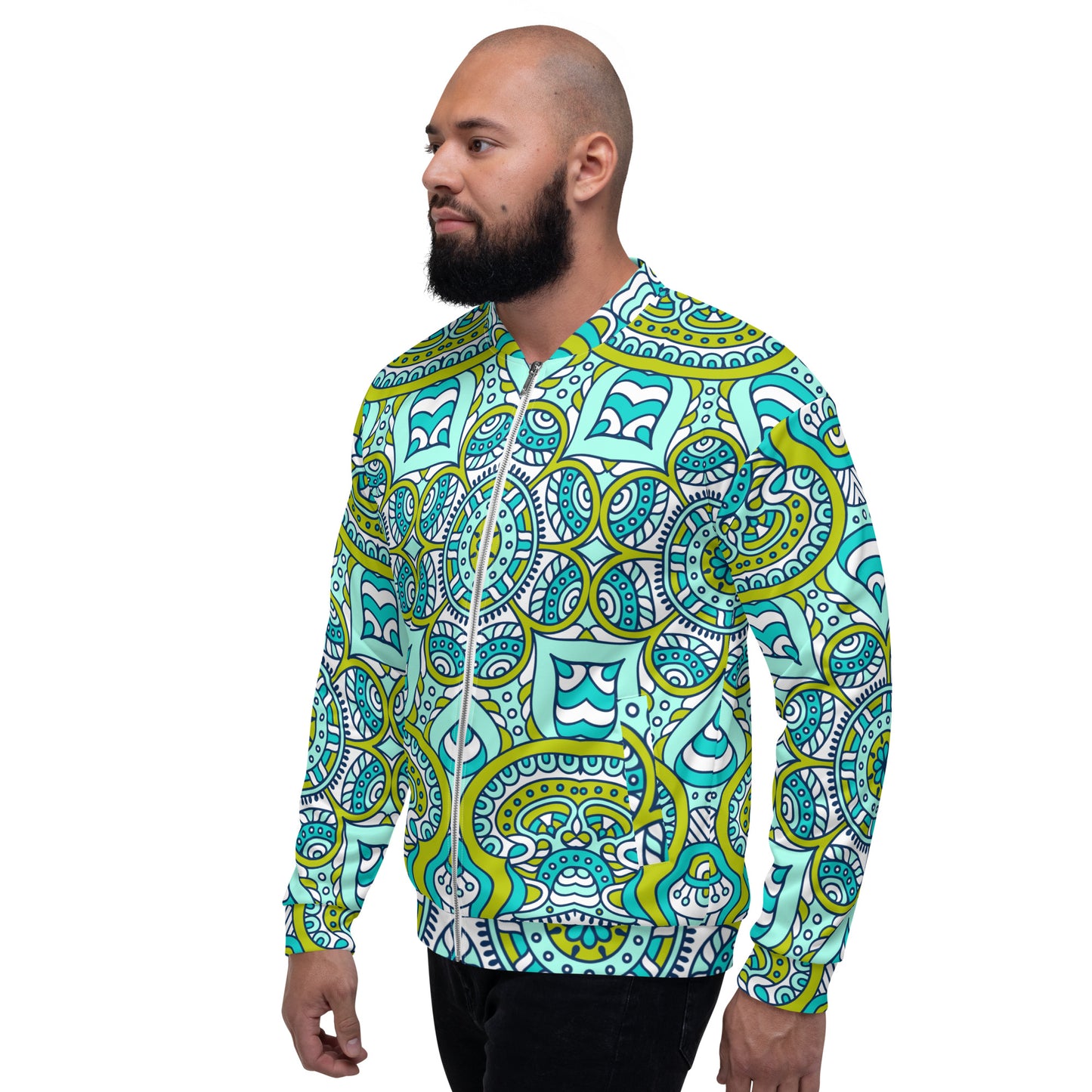 Unisex Bomber Jacket Green Mandala Print
