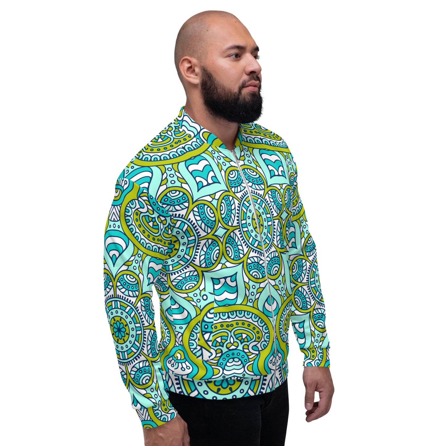 Unisex Bomber Jacket Green Mandala Print