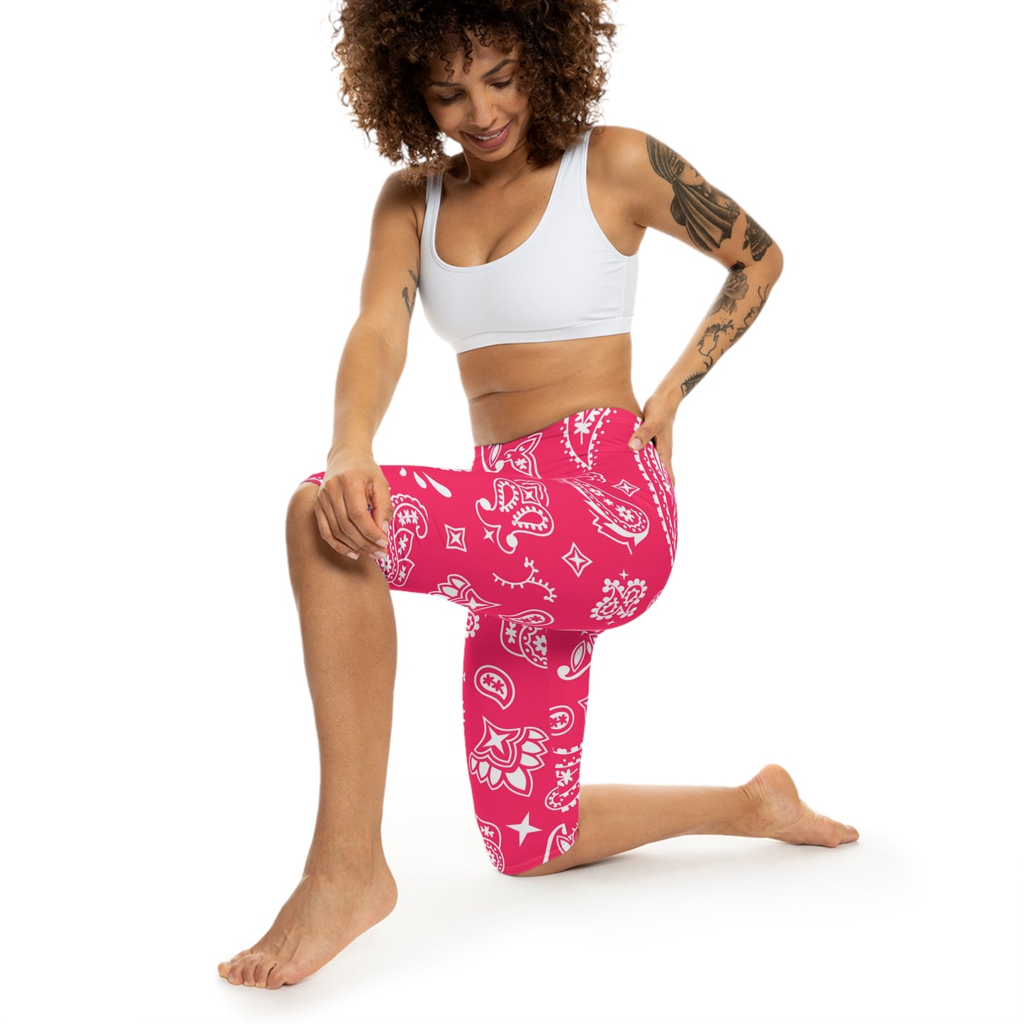 Soluvd Pink Bandana Women’s Capri Leggings, Yoga Leggings