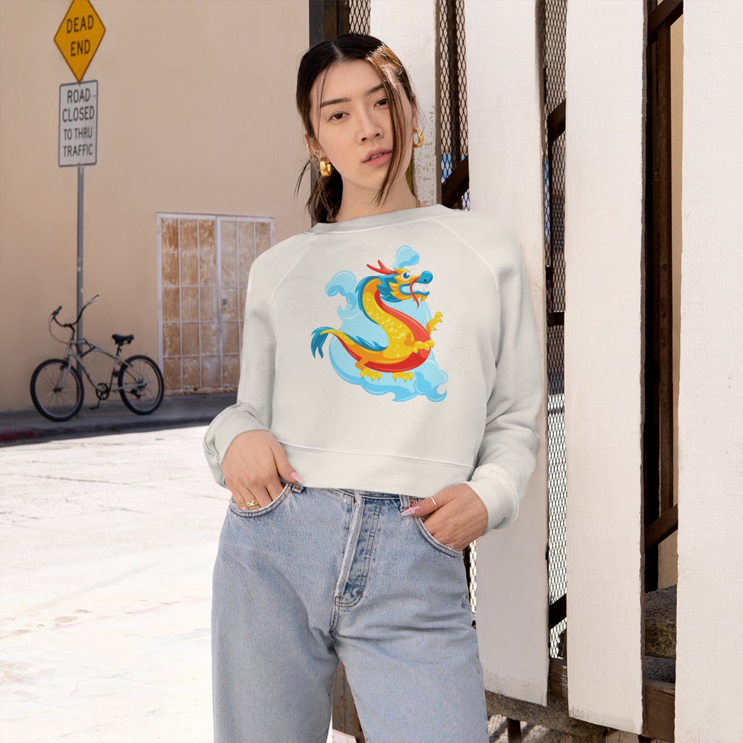 Soluvd Women's Cropped Fleece Yellow Dragon Pullover