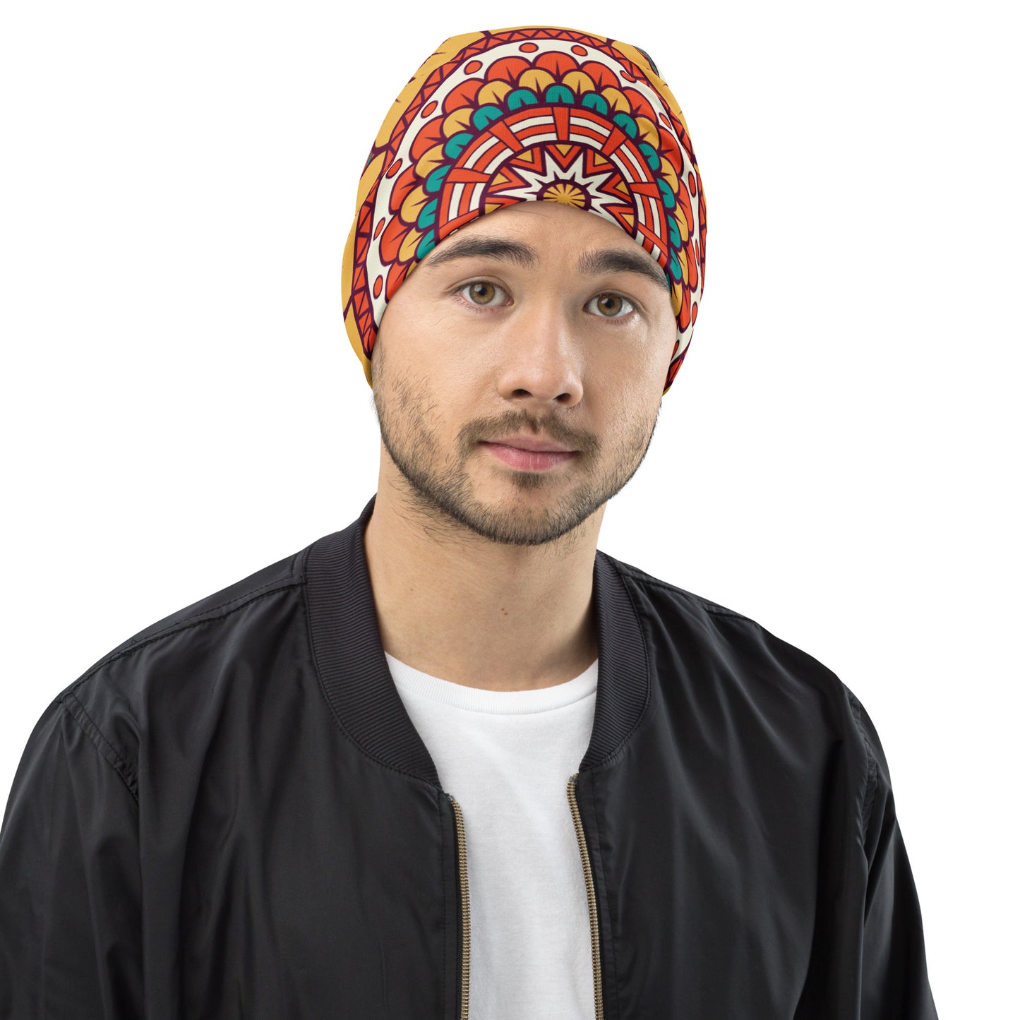 All-Over Print Beanie with Golden Mandala Print