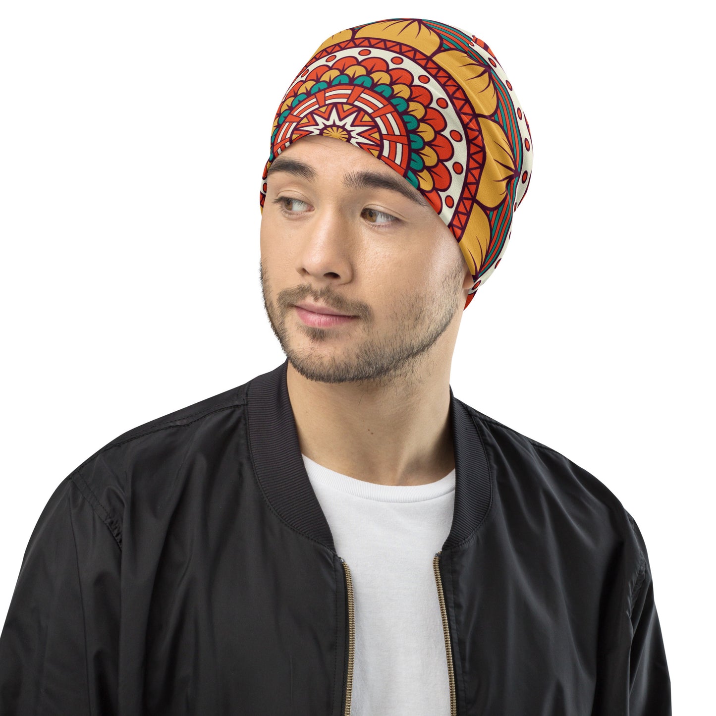 All-Over Print Beanie with Golden Mandala Print