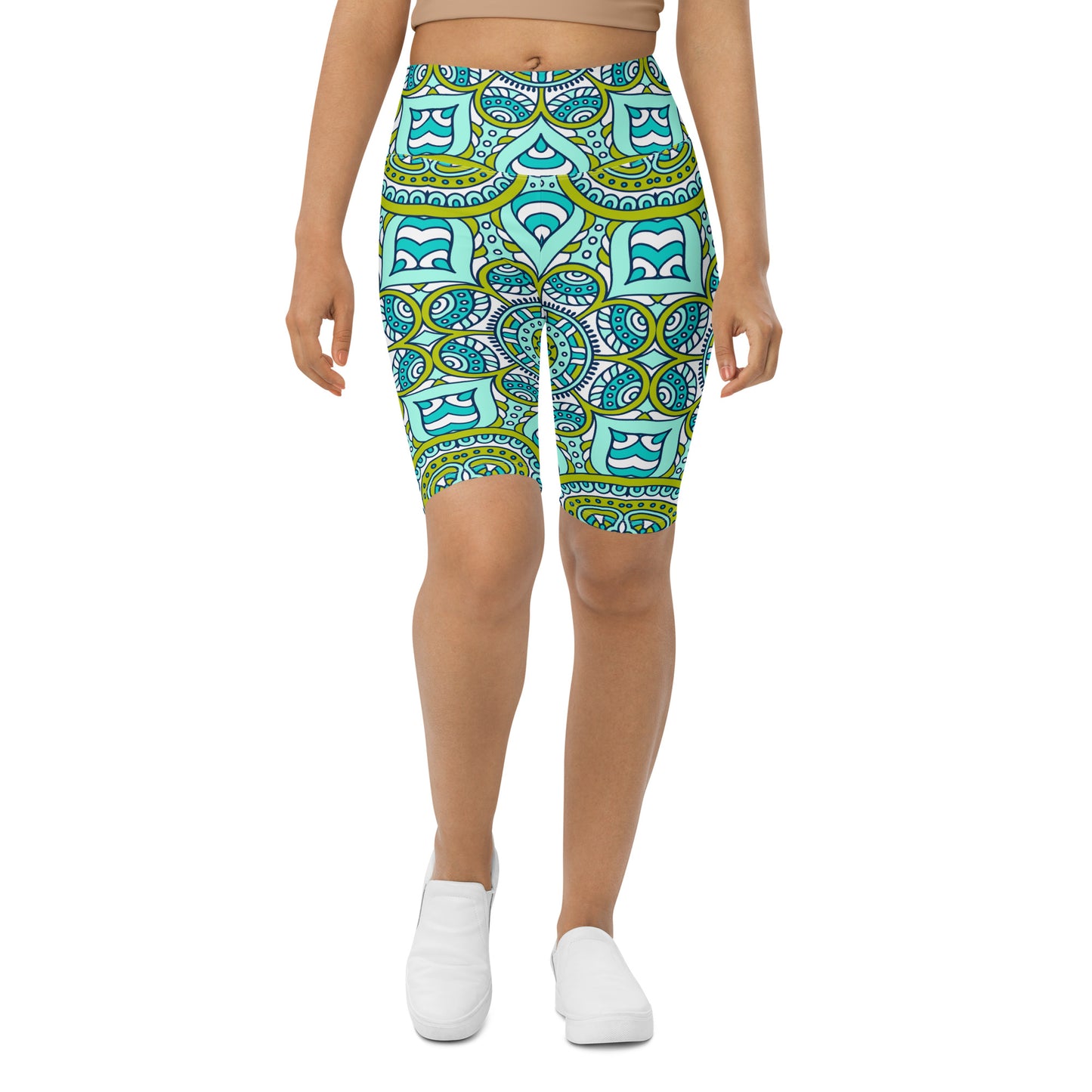 Biker Shorts with Green Mandala Print