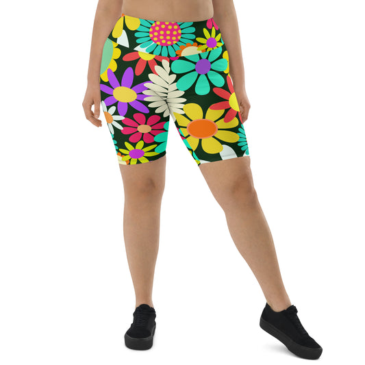 Biker Shorts with Psychedelic Daisy Print