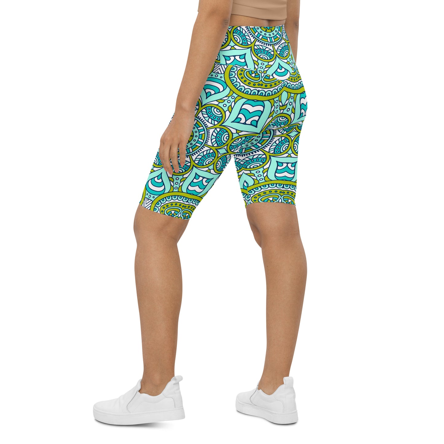 Biker Shorts with Green Mandala Print