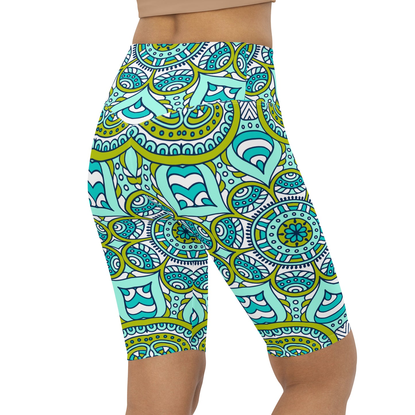 Biker Shorts with Green Mandala Print