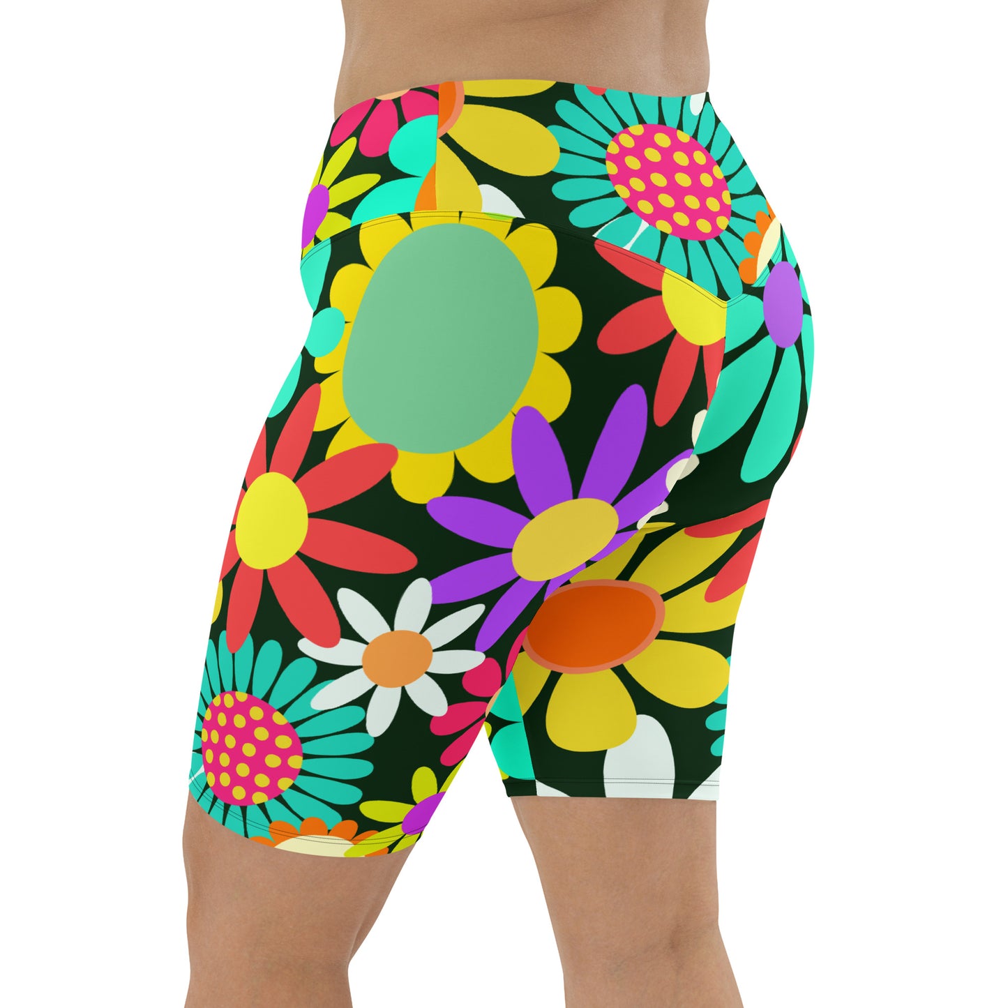 Biker Shorts with Psychedelic Daisy Print