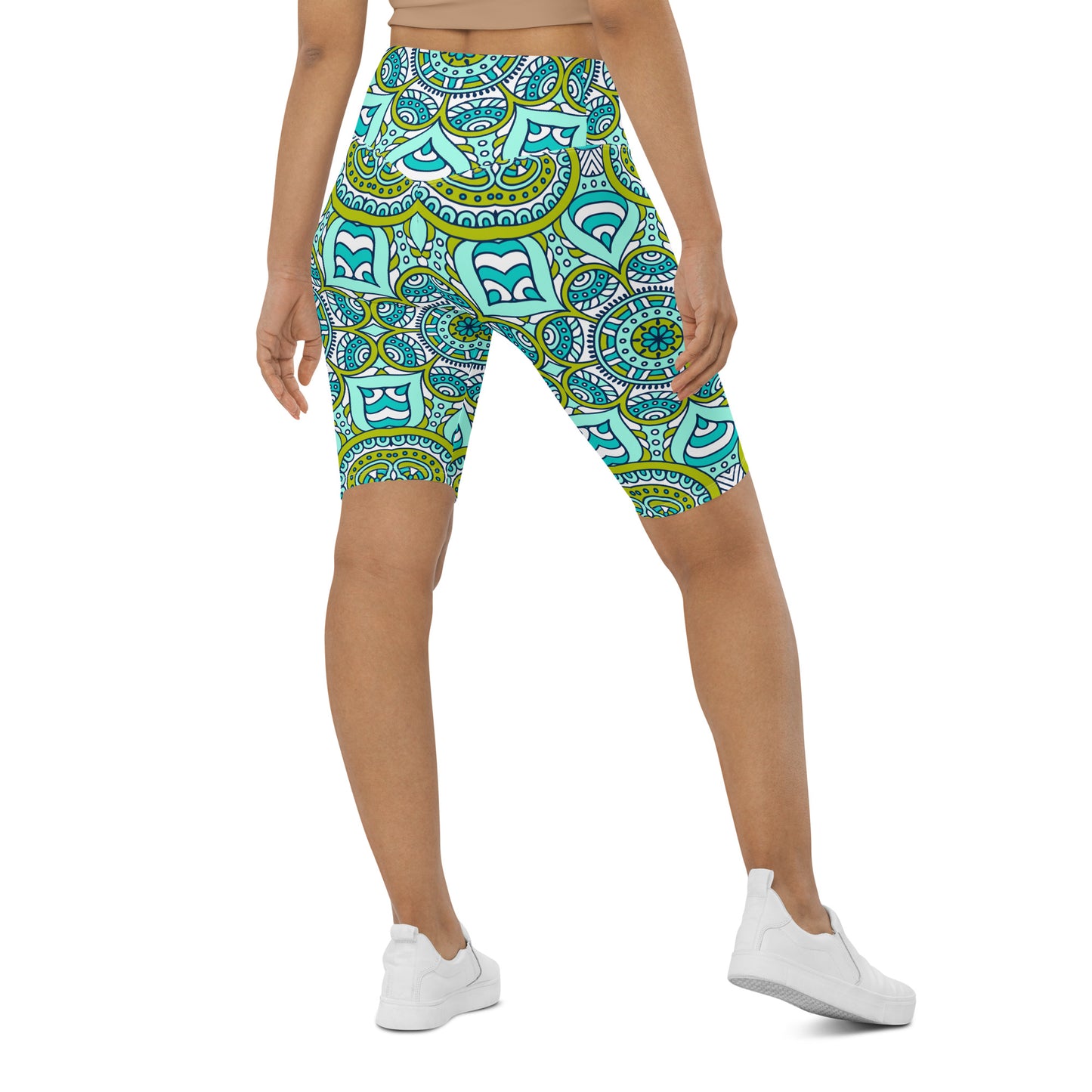 Biker Shorts with Green Mandala Print