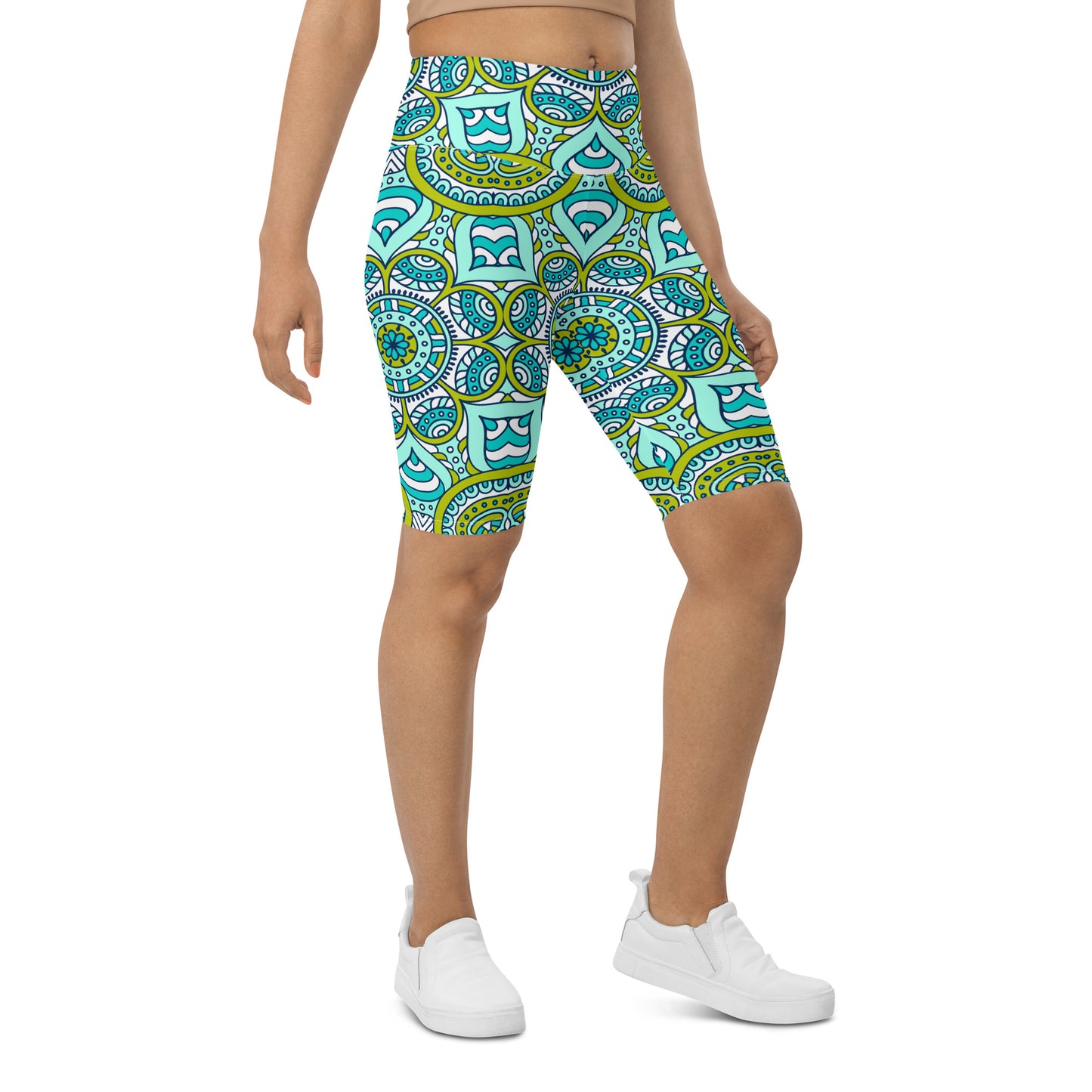 Biker Shorts with Green Mandala Print