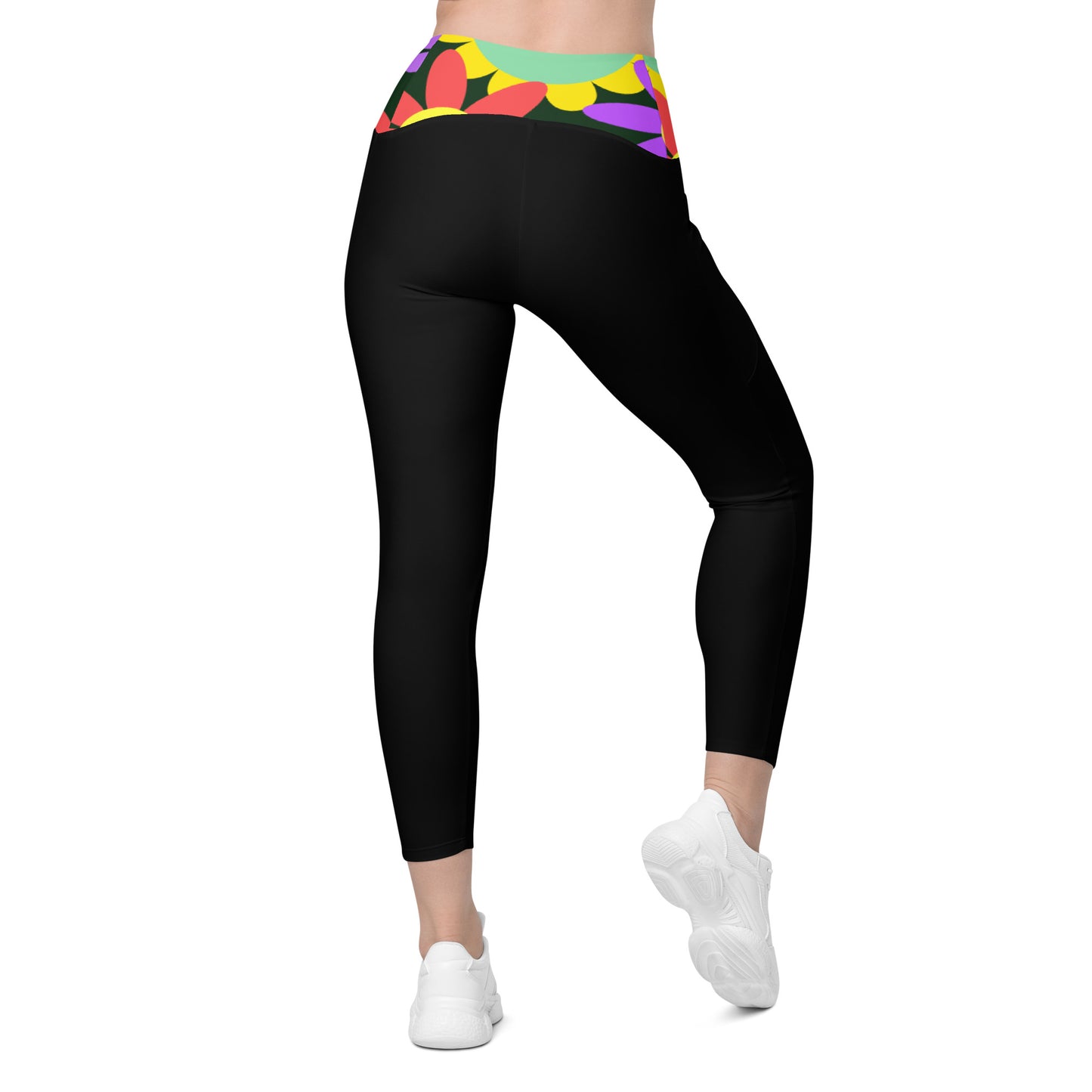 Black Crossover leggings with pockets and Psychedelic Daisy Print