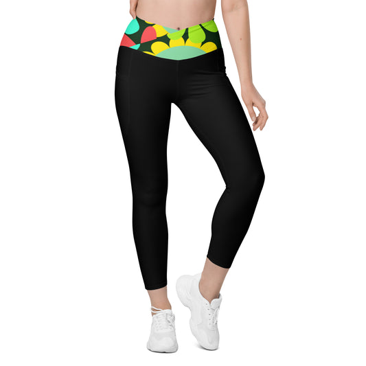 Black Crossover leggings with pockets and Psychedelic Daisy Print