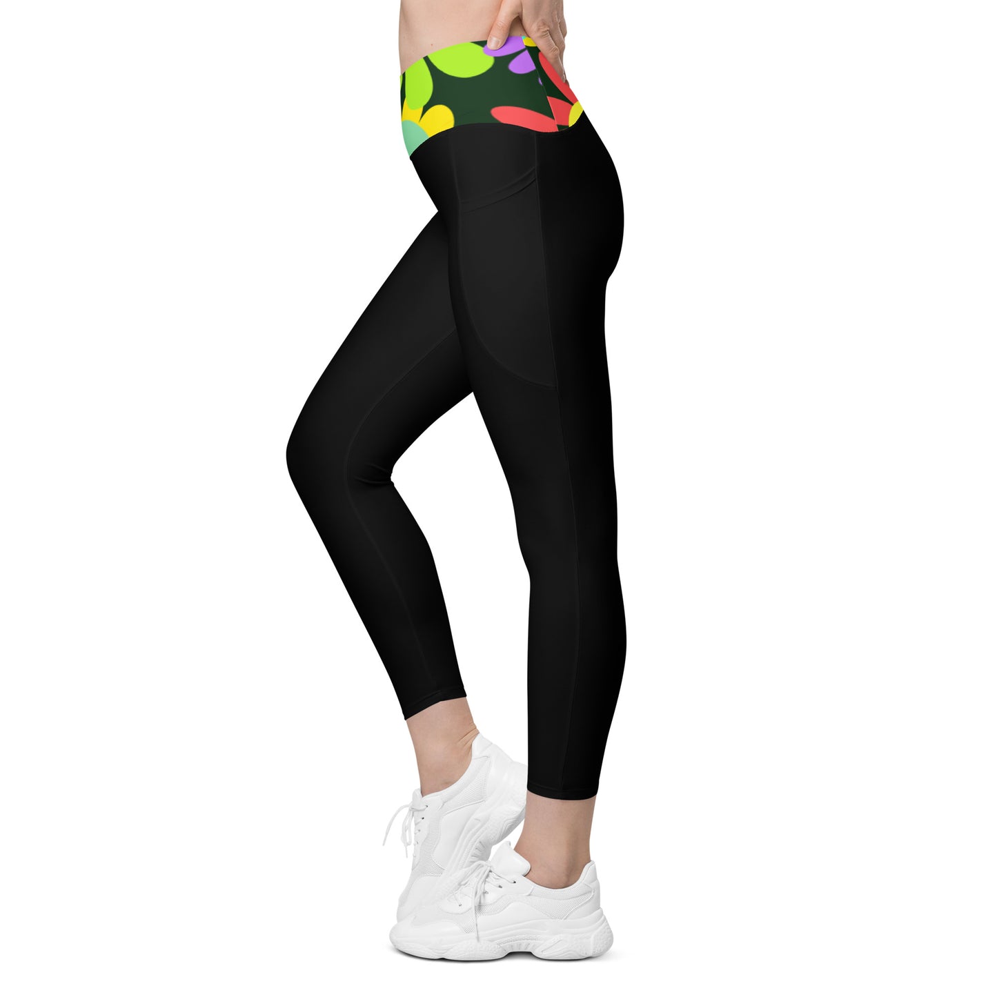 Black Crossover leggings with pockets and Psychedelic Daisy Print