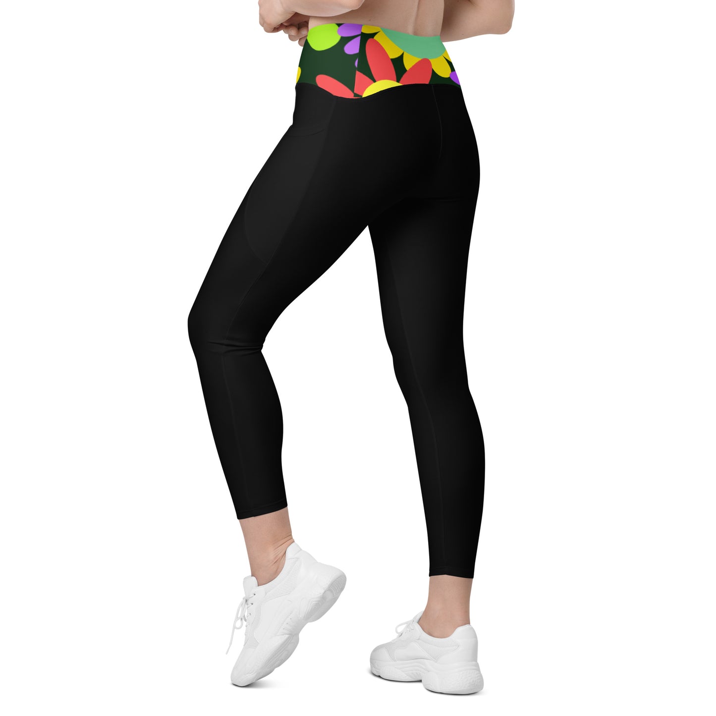 Black Crossover leggings with pockets and Psychedelic Daisy Print