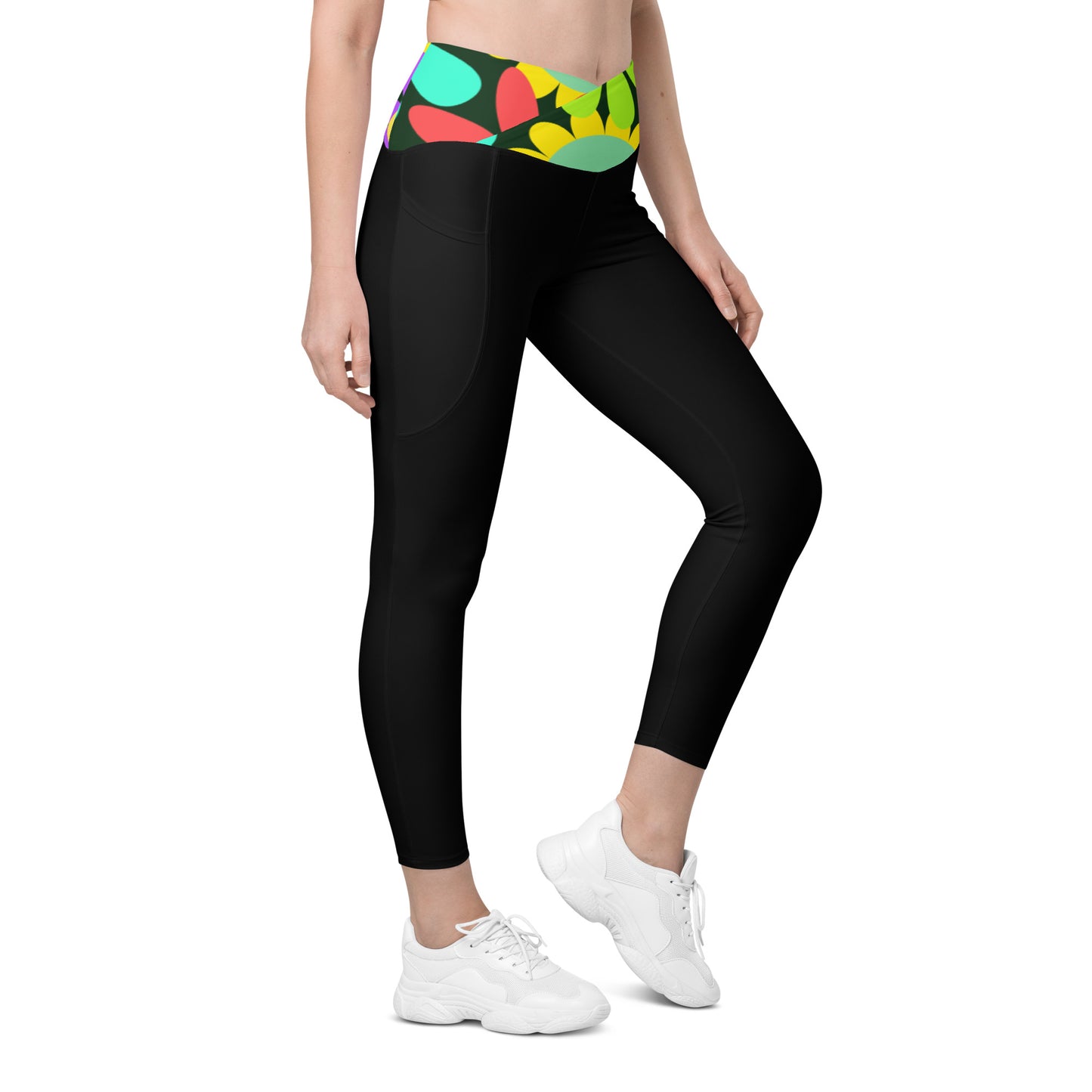 Black Crossover leggings with pockets and Psychedelic Daisy Print