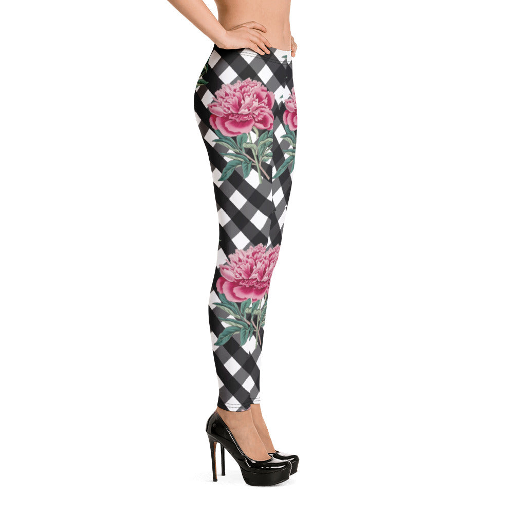 Leggings with Pink Rose Check Print