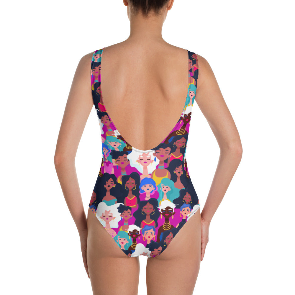 One-Piece Swimsuit with Black Ladies Print