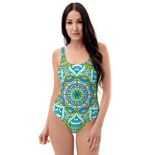 One-Piece Swimsuit with Green Mandala Print