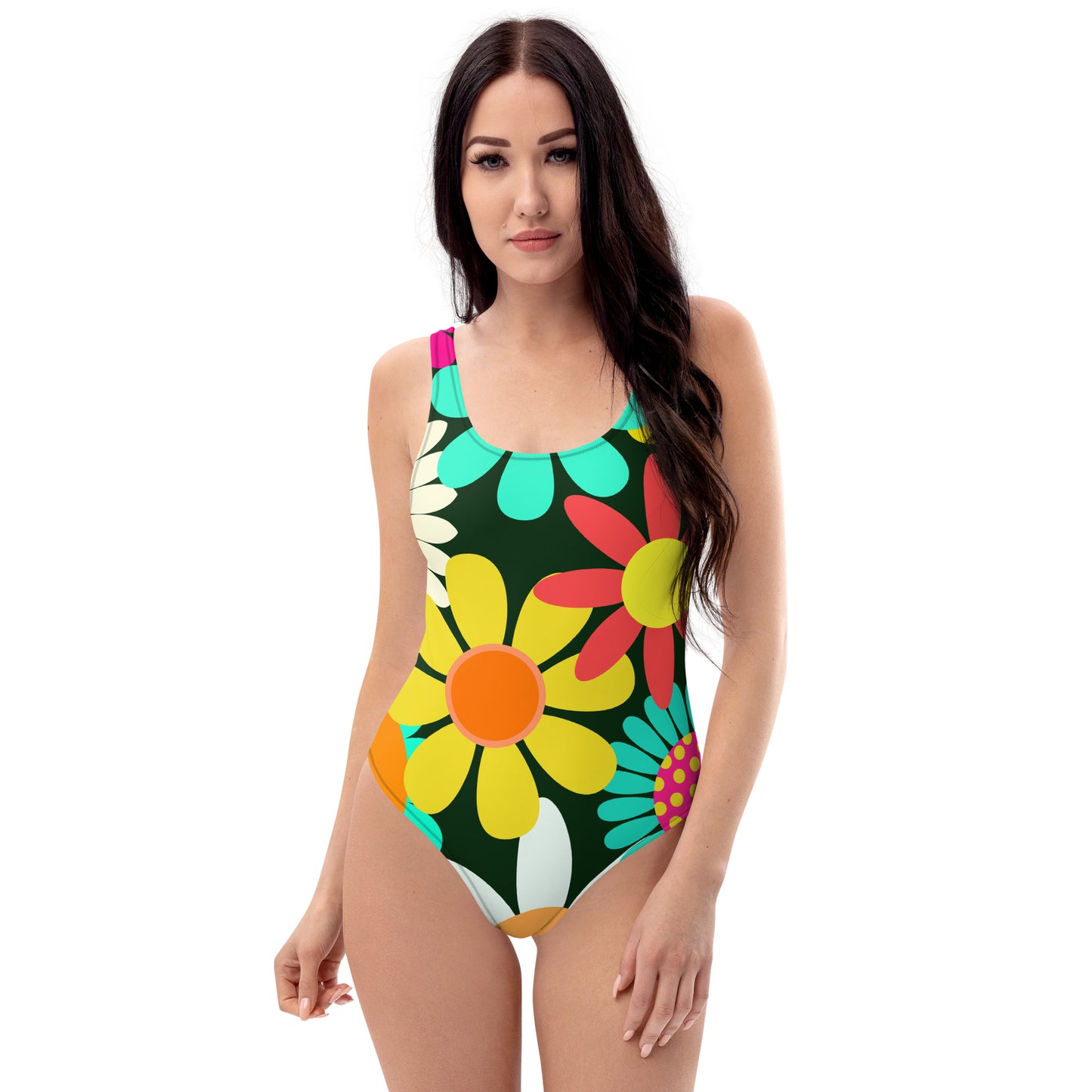 One-Piece Swimsuit with Psychedelic Daisy Print