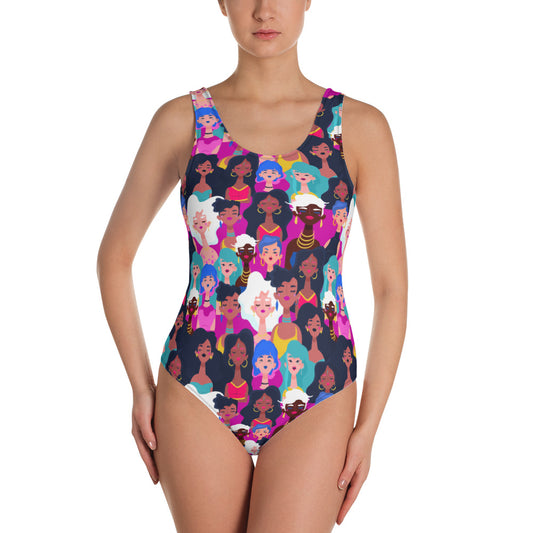 One-Piece Swimsuit with Black Ladies Print