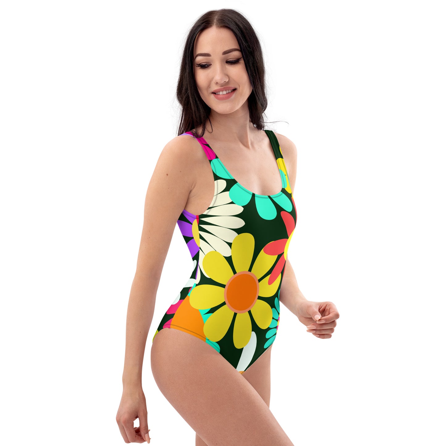 One-Piece Swimsuit with Psychedelic Daisy Print