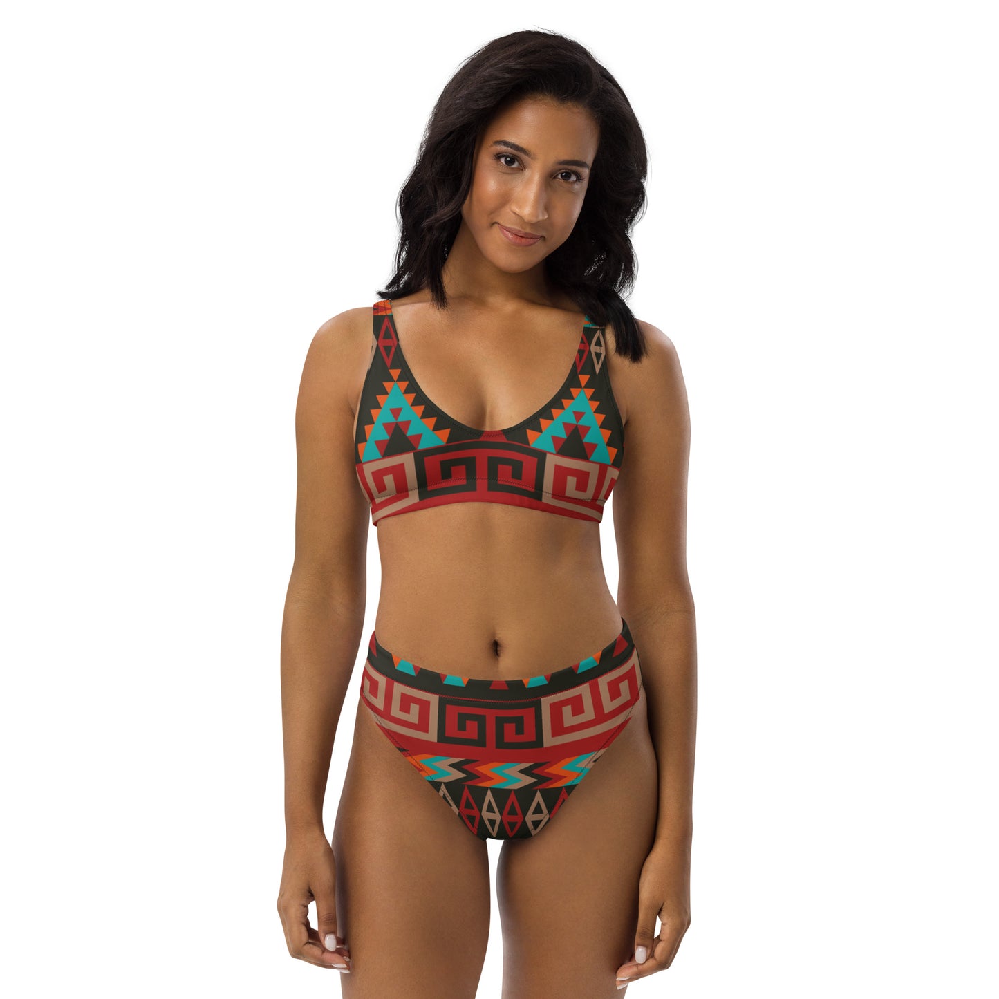 Recycled high-waisted bikini with Mayan Print