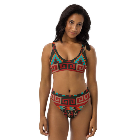 Recycled high-waisted bikini with Mayan Print