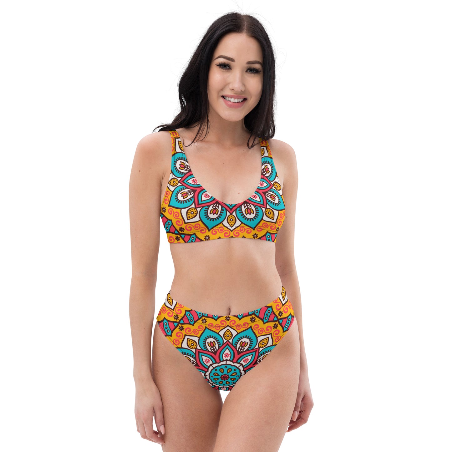 Recycled high-waisted bikini with Turquoise Mandala Print