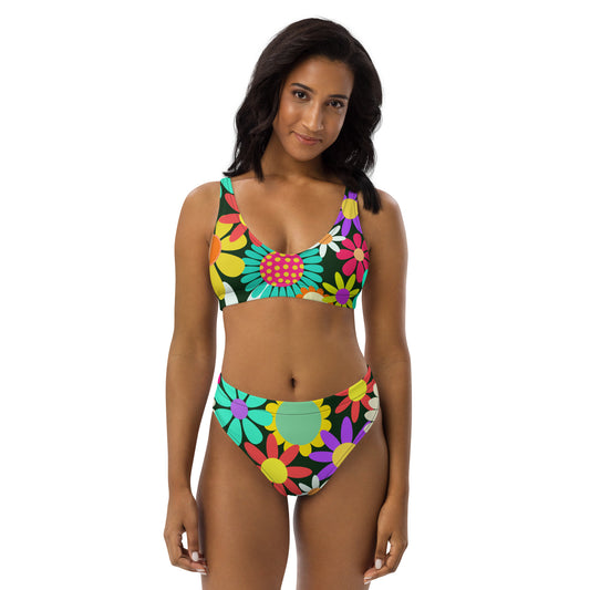 Recycled high-waisted bikini with Psychedelic Daisy Print