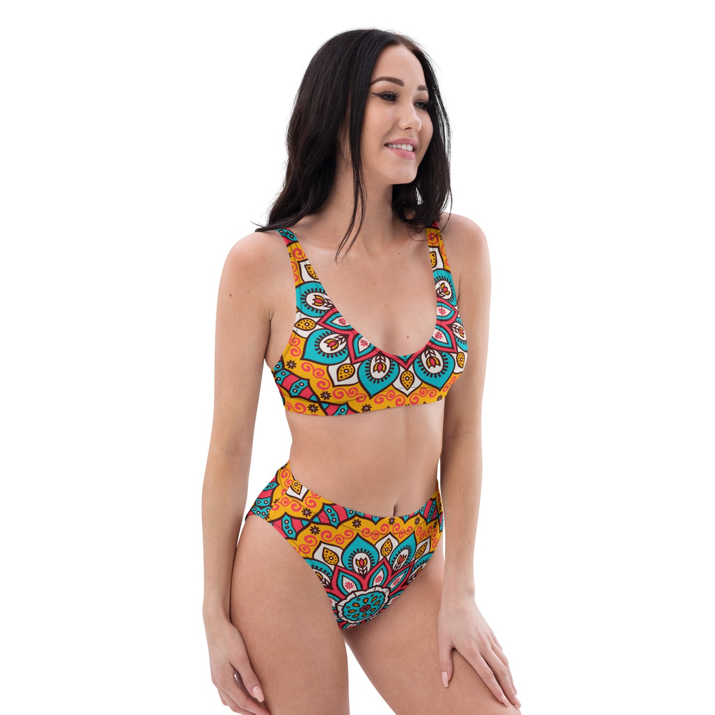 Recycled high-waisted bikini with Turquoise Mandala Print