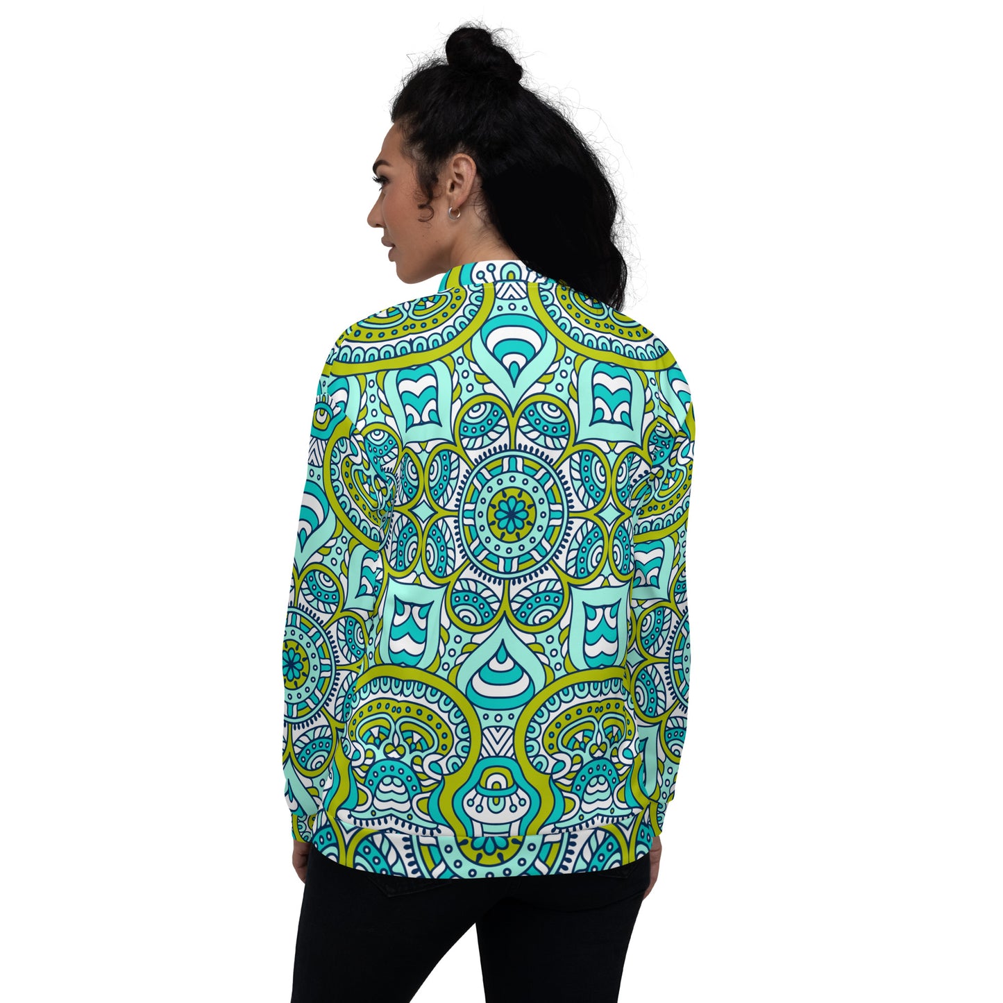 Unisex Bomber Jacket with Green Mandala Print