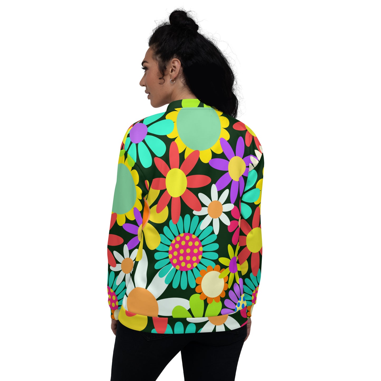 Unisex Bomber Jacket with Psychedelic Daisy Print