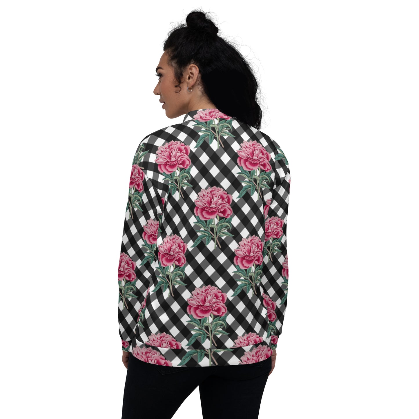 Unisex Bomber Jacket with Pink Rose Check Print