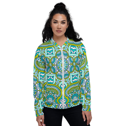 Unisex Bomber Jacket with Green Mandala Print