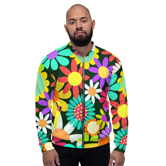 Unisex Bomber Jacket with Psychedelic Daisy Print