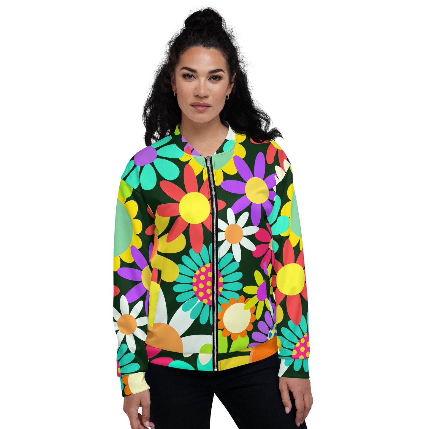 Unisex Bomber Jacket with Psychedelic Daisy Print