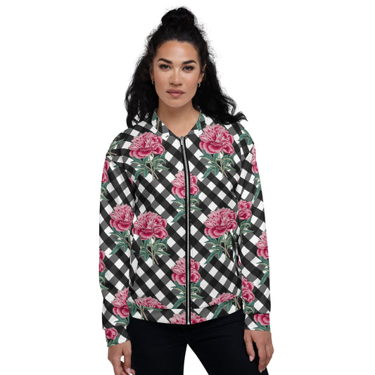 Unisex Bomber Jacket with Pink Rose Check Print