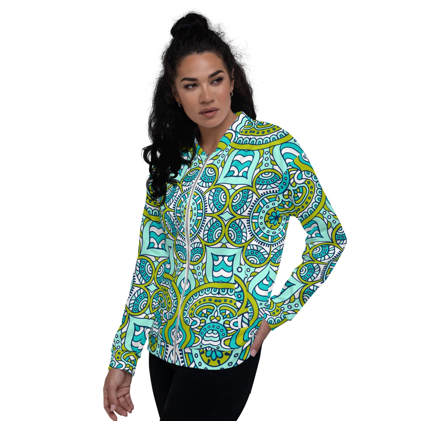 Unisex Bomber Jacket with Green Mandala Print