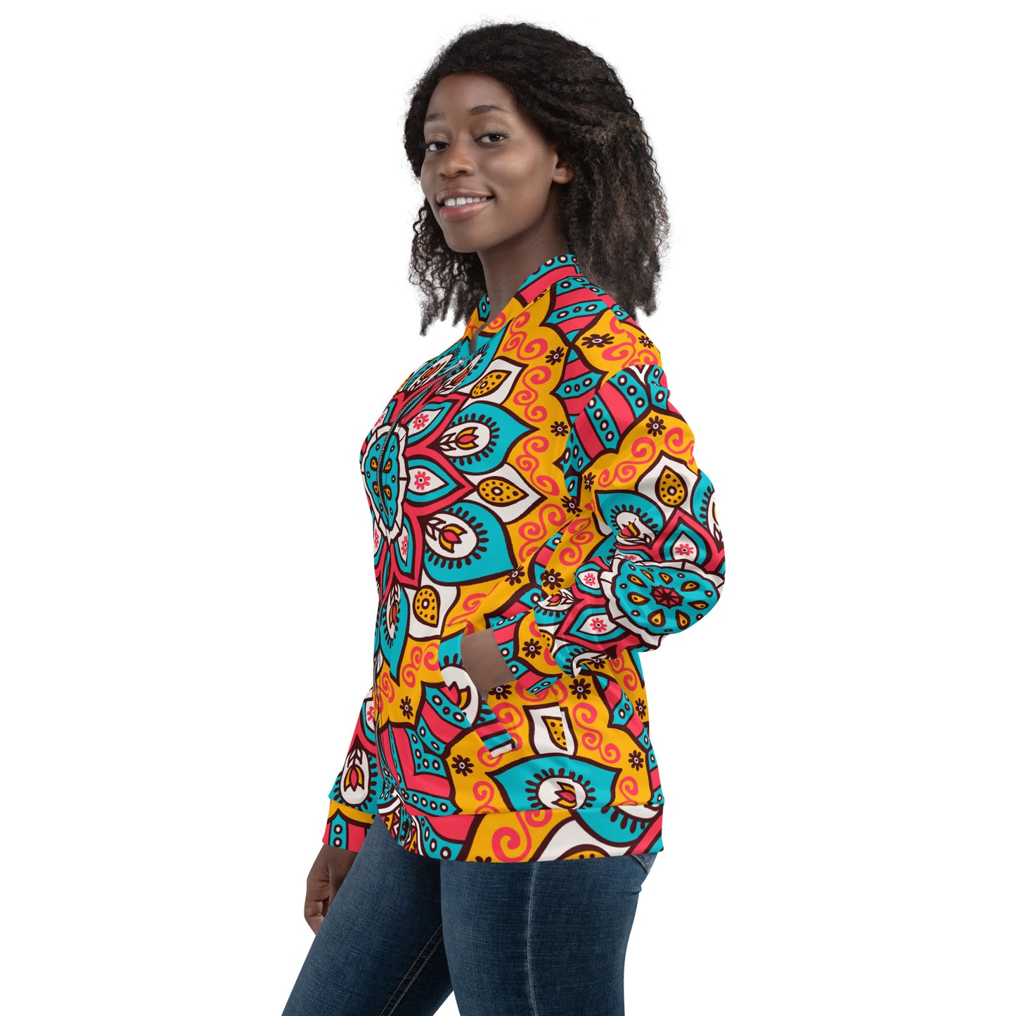 Unisex Bomber Jacket with Turquoise Mandala Print