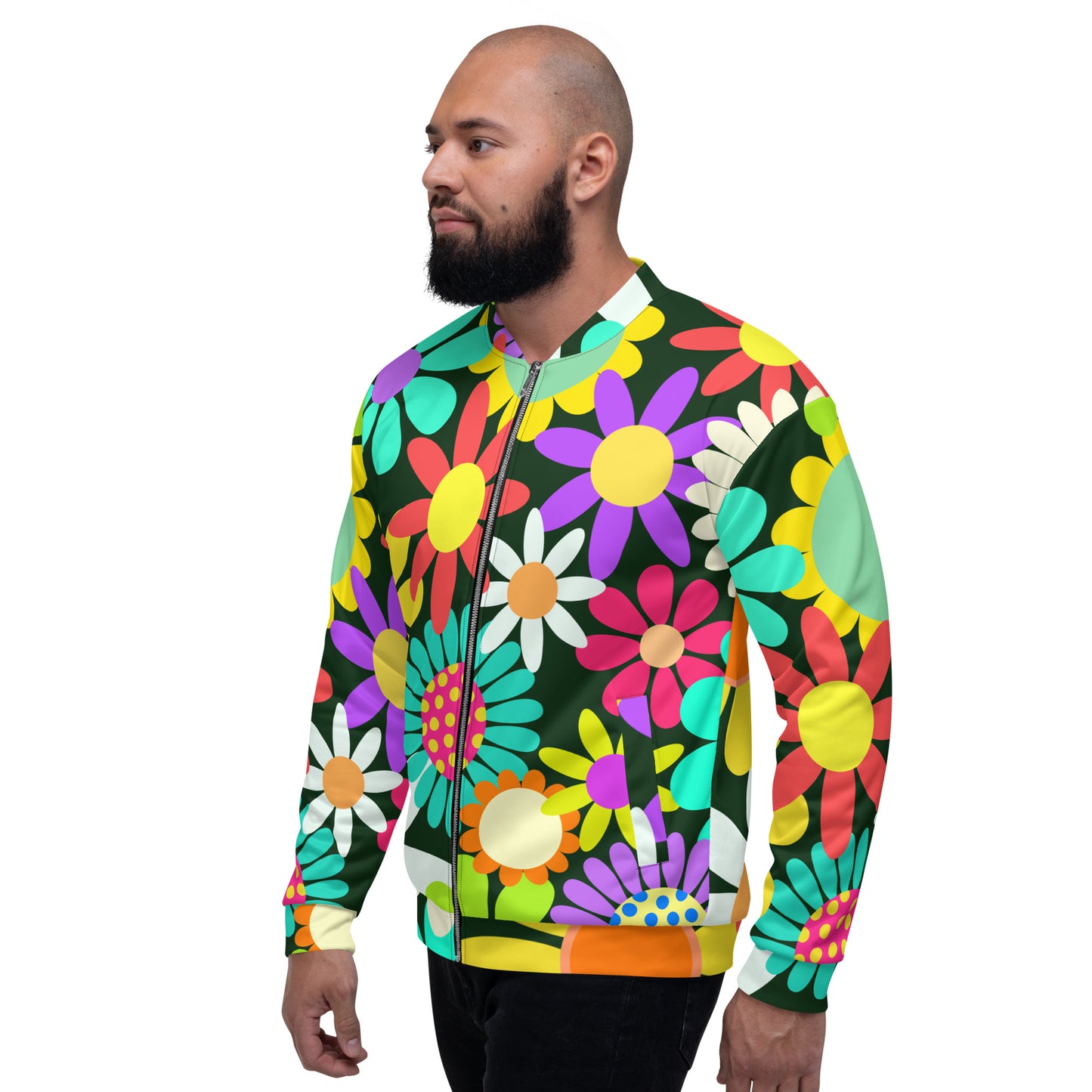 Unisex Bomber Jacket with Psychedelic Daisy Print