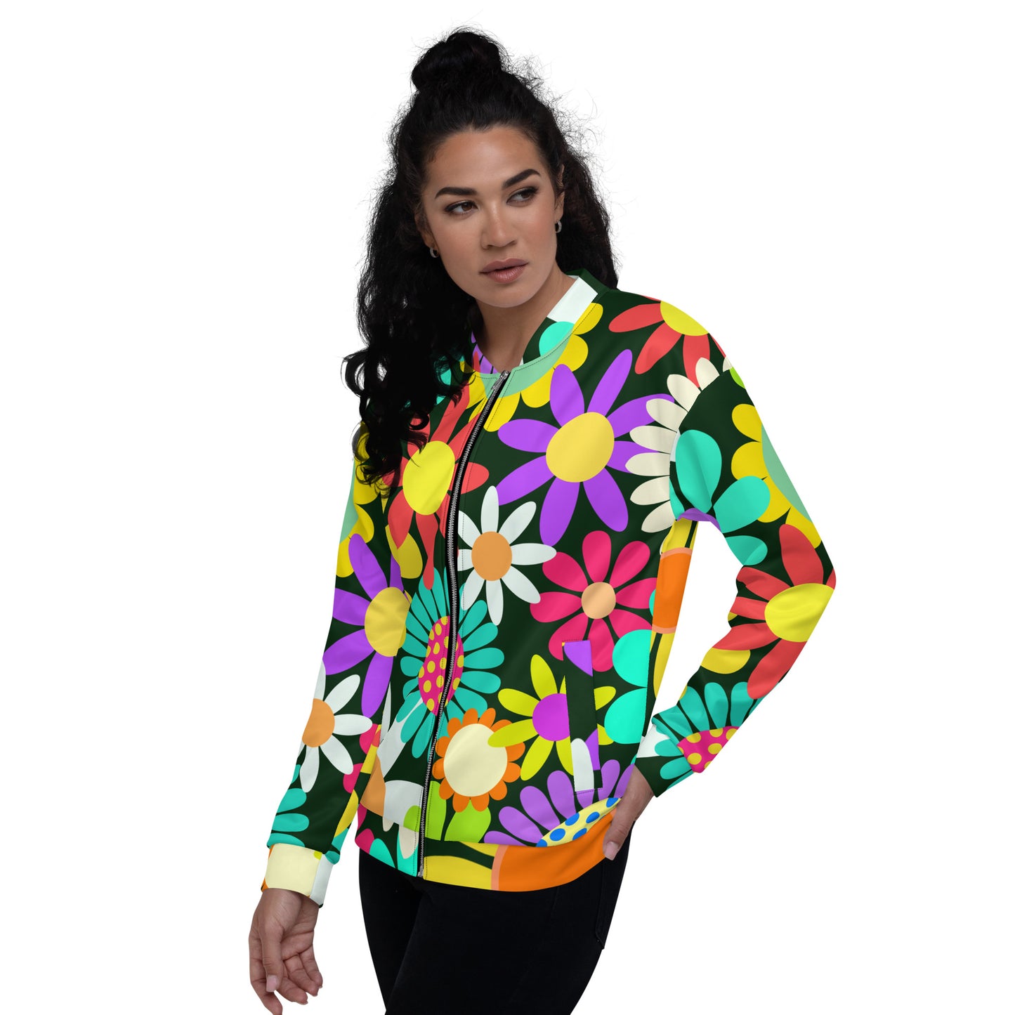 Unisex Bomber Jacket with Psychedelic Daisy Print