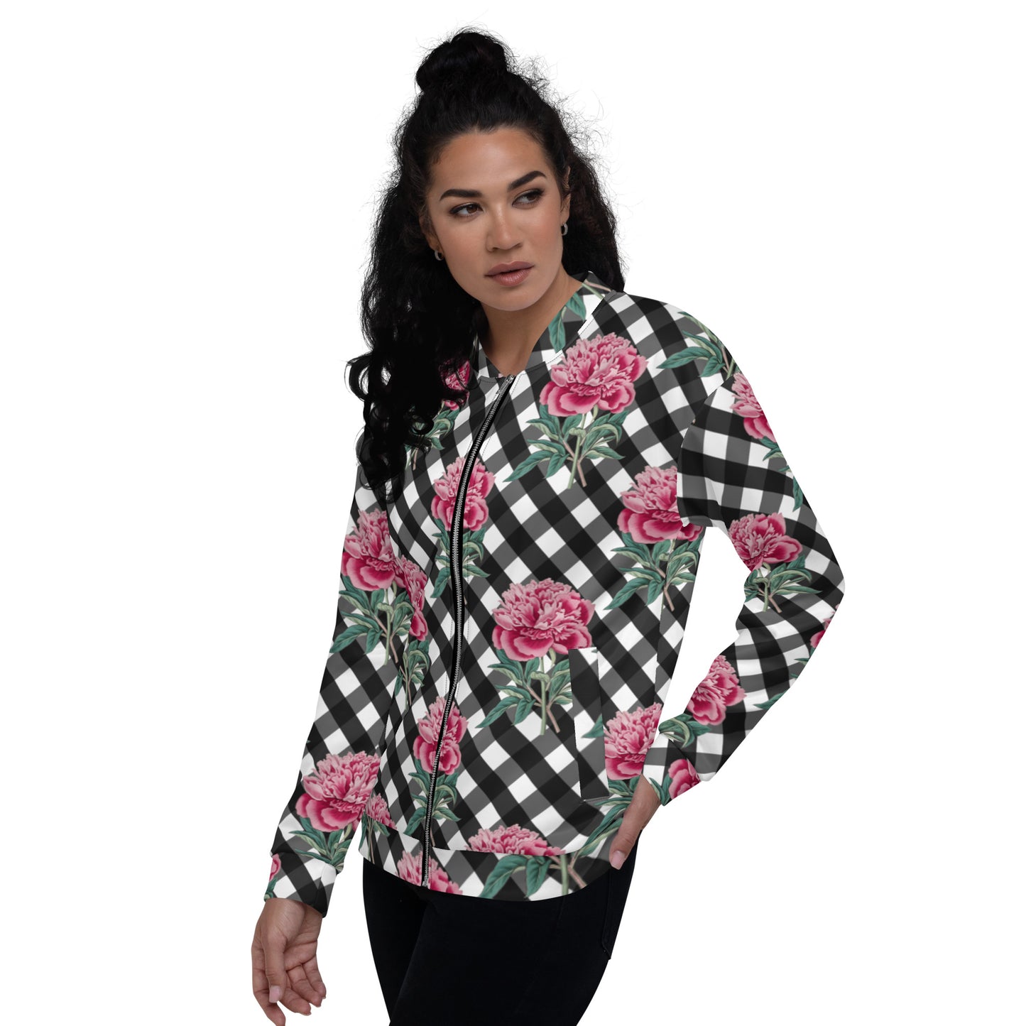 Unisex Bomber Jacket with Pink Rose Check Print