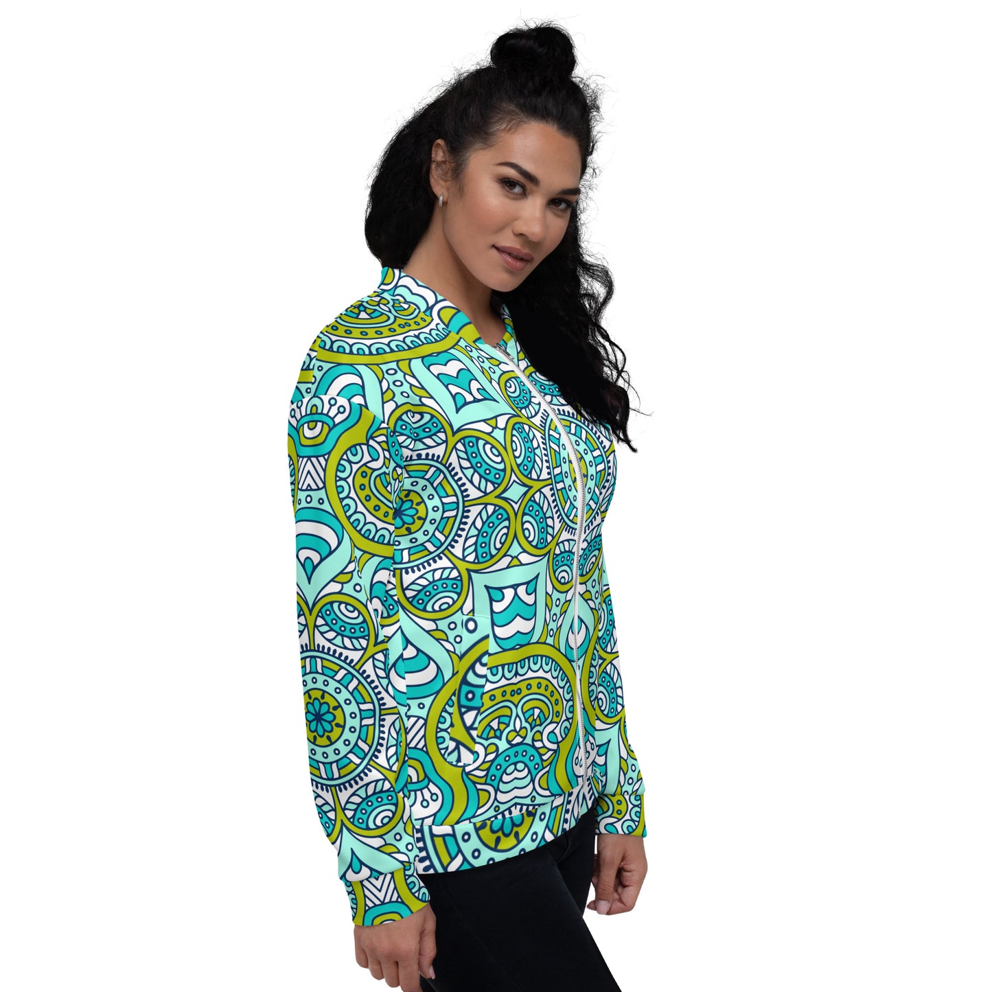 Unisex Bomber Jacket with Green Mandala Print