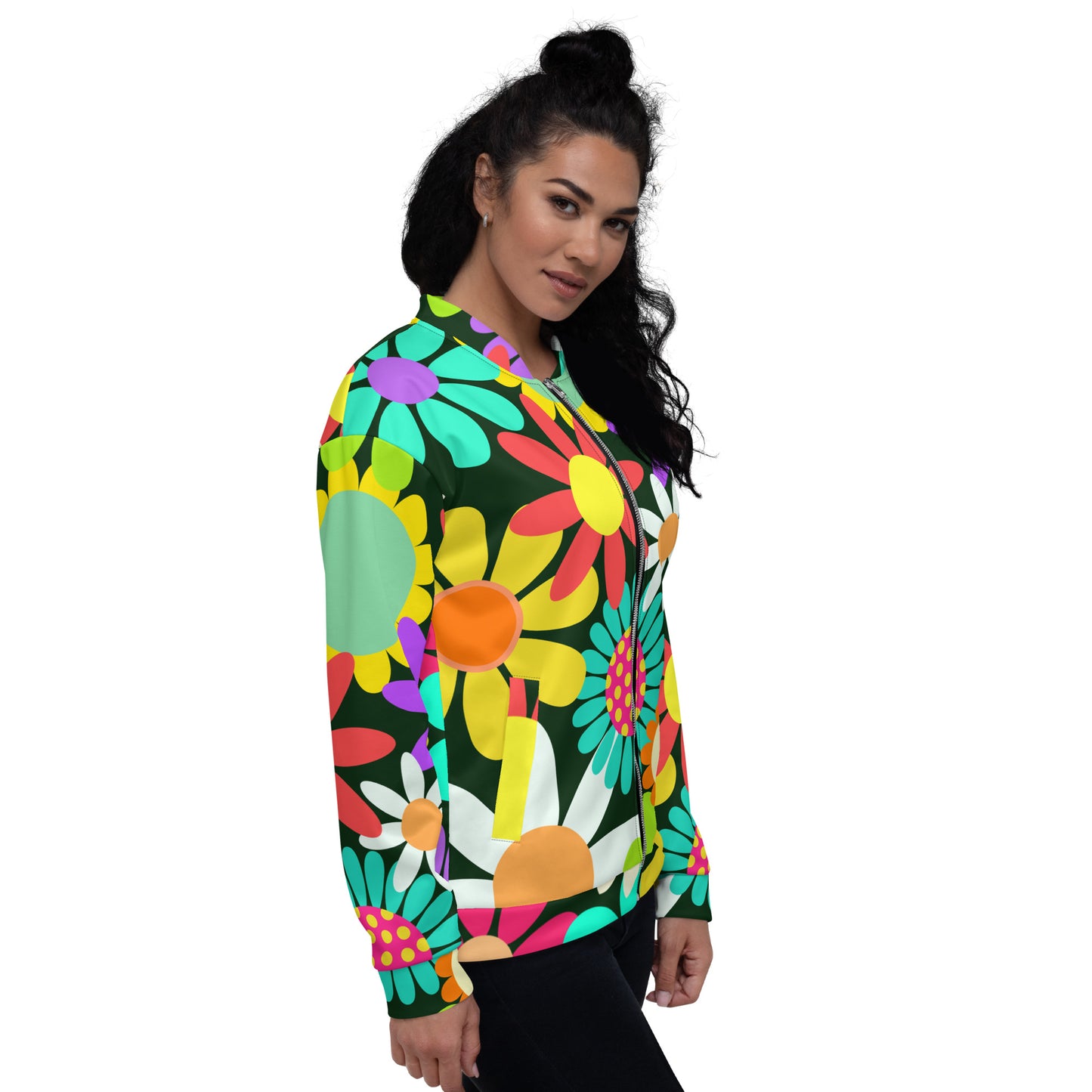 Unisex Bomber Jacket with Psychedelic Daisy Print