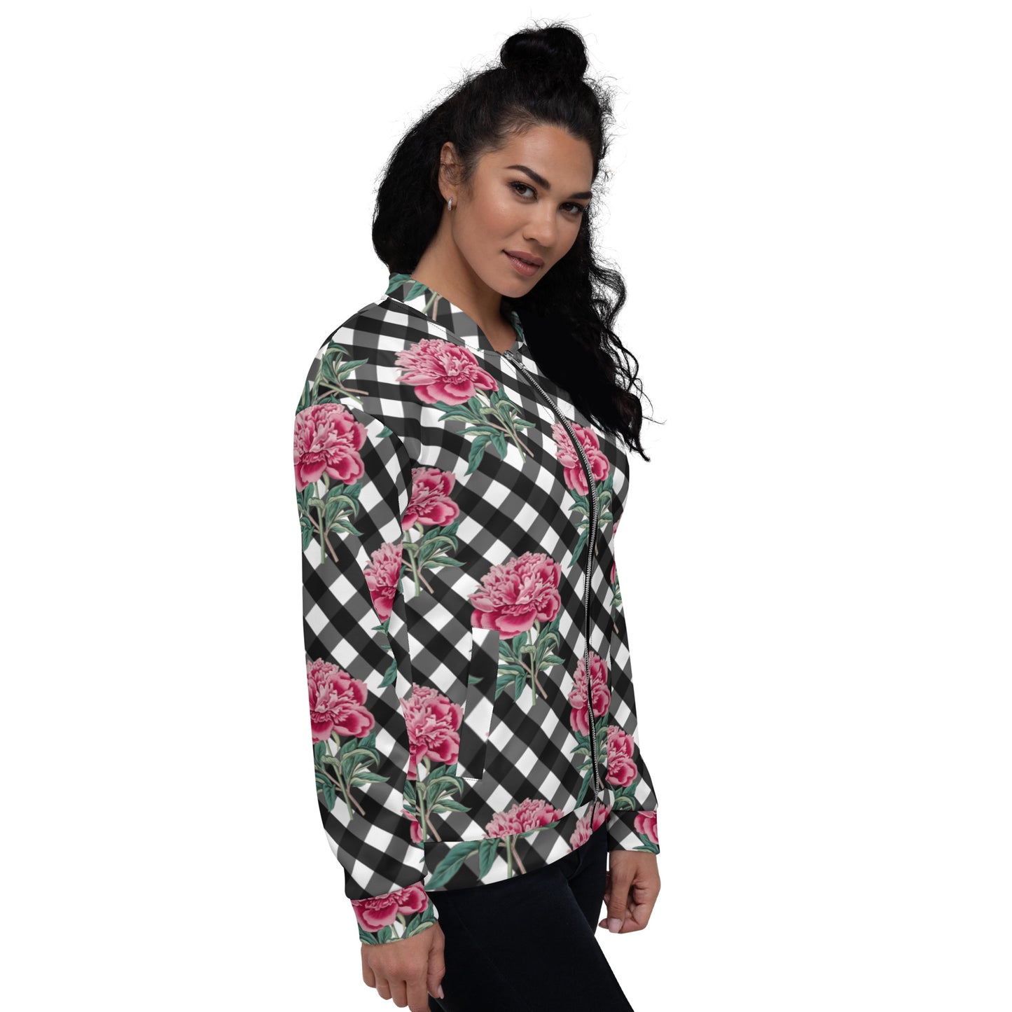 Unisex Bomber Jacket with Pink Rose Check Print