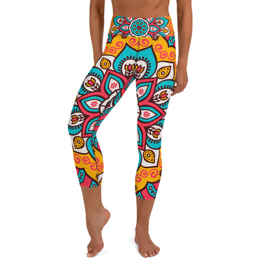 Yoga Capri Leggings with Turquoise Mandala Print