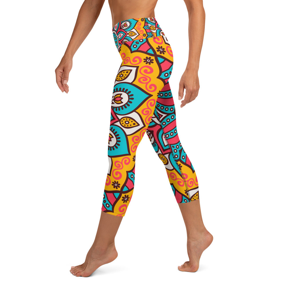 Yoga Capri Leggings with Turquoise Mandala Print