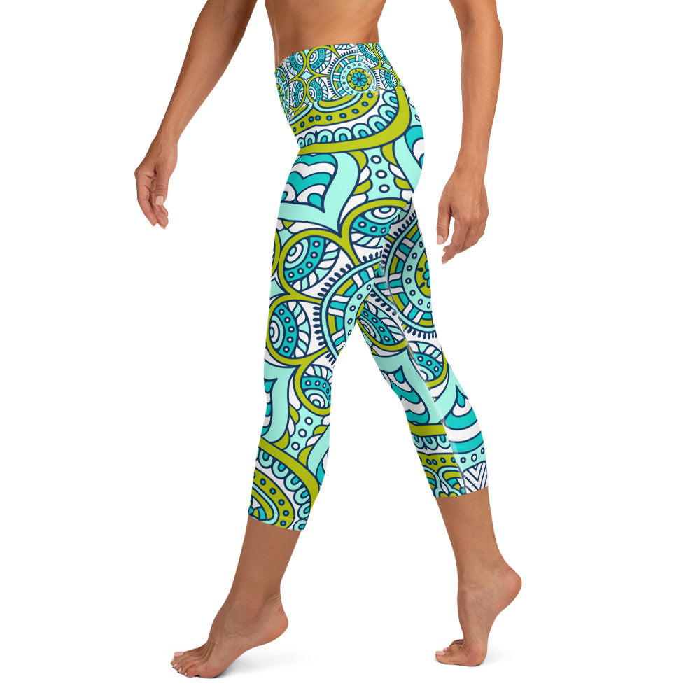 Yoga Capri Leggings with Green Mandala Print