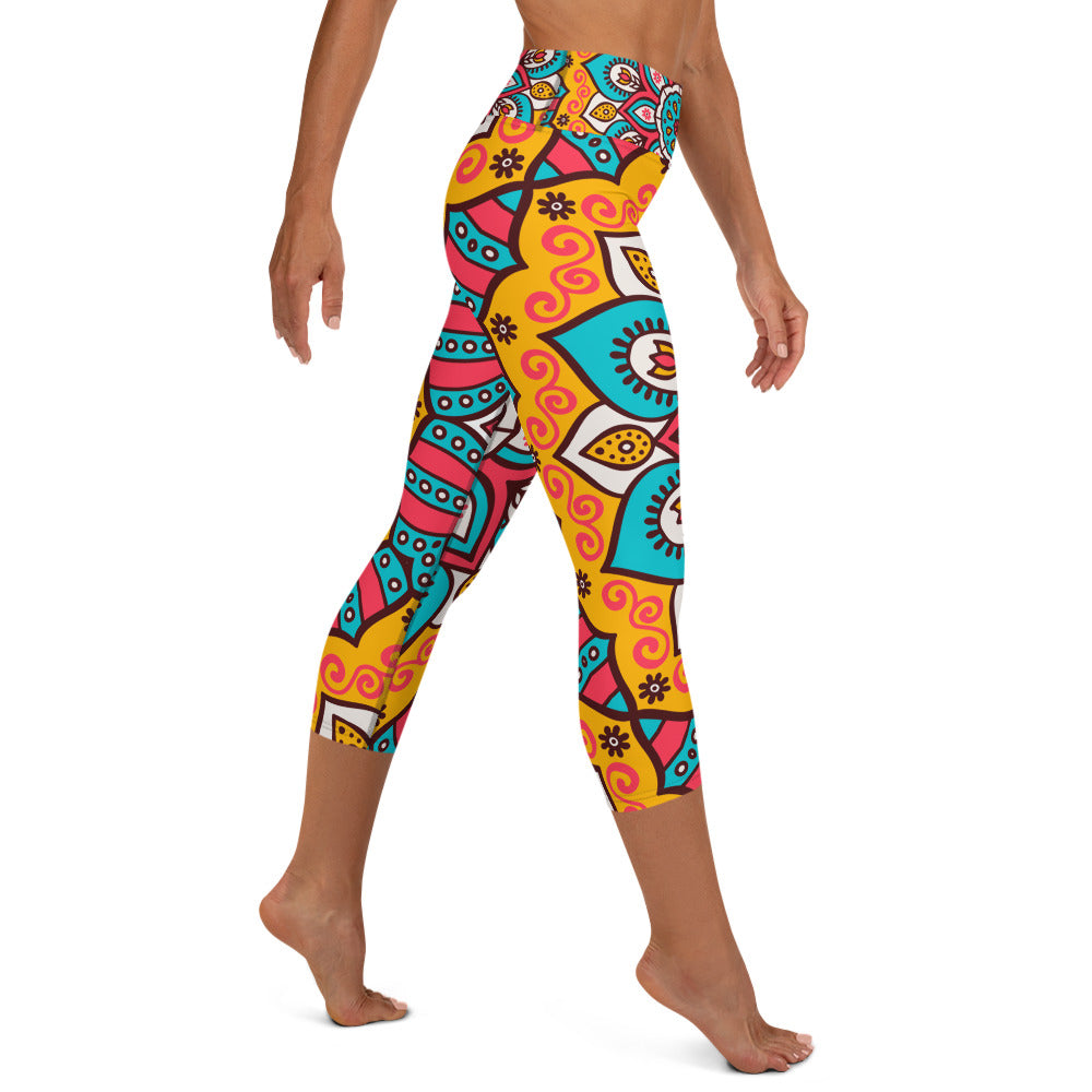 Yoga Capri Leggings with Turquoise Mandala Print