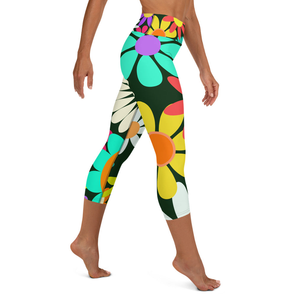 Yoga Capri Leggings with Psychedelic Daisy Print