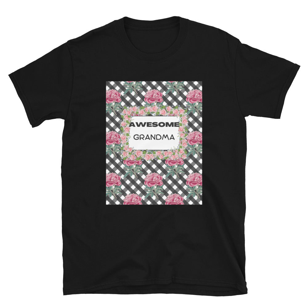 Awesome Grandma Short-Sleeve Unisex T-Shirt with Pink Rose Check Print